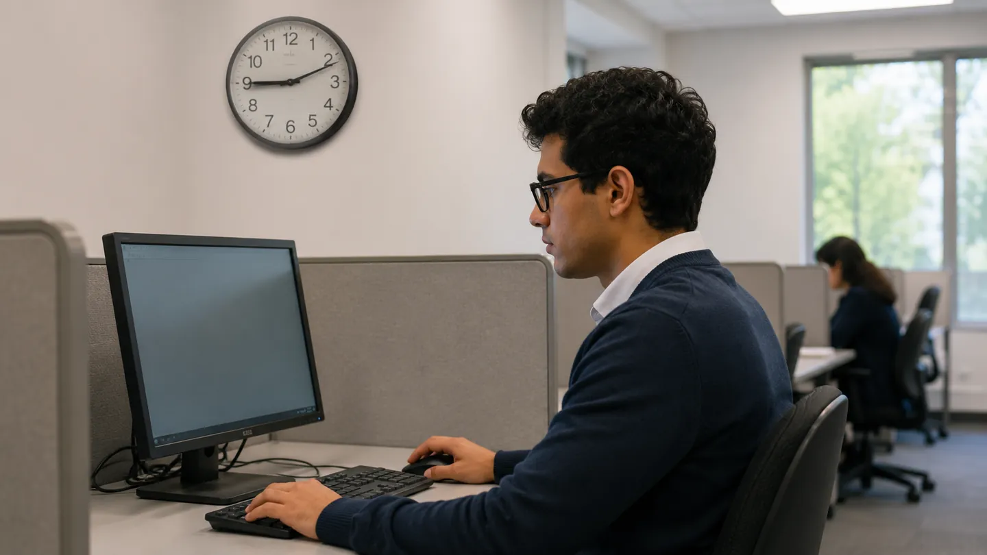 Candidate seated at a computer workstation during the MCCQE Part 1 exam